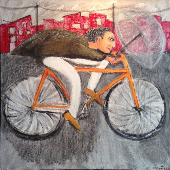 André Clouâtre, Le cycliste de Kyoto, Acrylique, 36" x 36", 2015.